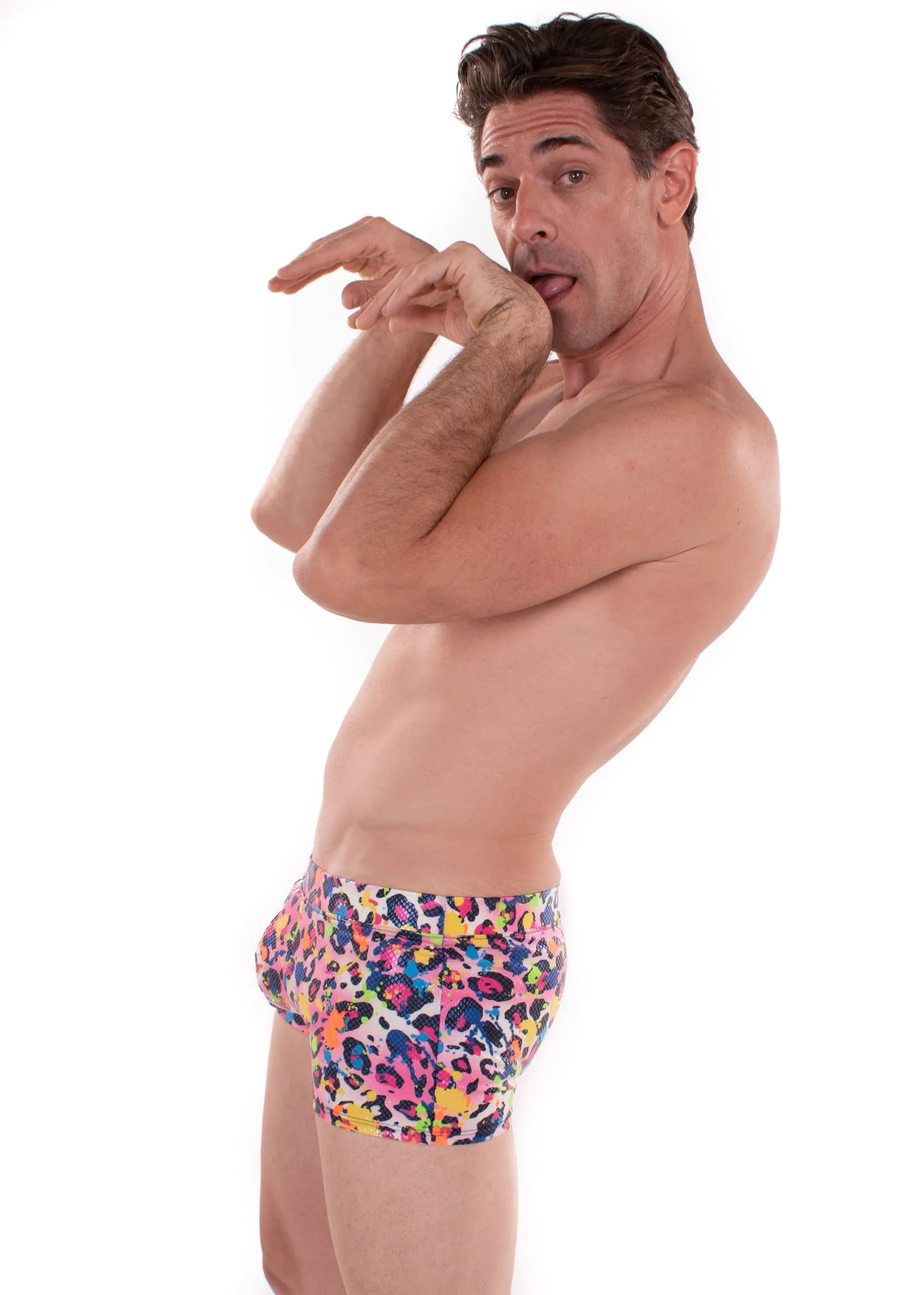 Party Animal: Animal Print Brief Booty Shorts // Square Front Swim Trunks Festival Shorts