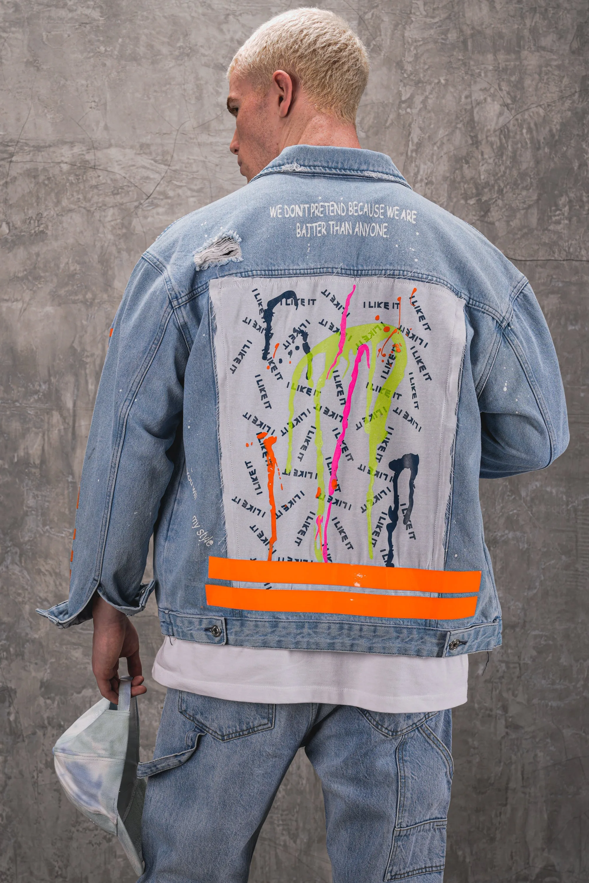 Patched Printed Premium Blue Denim Jacket - Blue