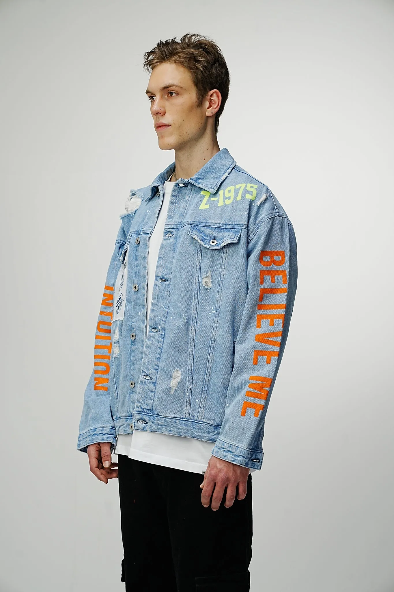 Patched Printed Premium Blue Denim Jacket - Blue