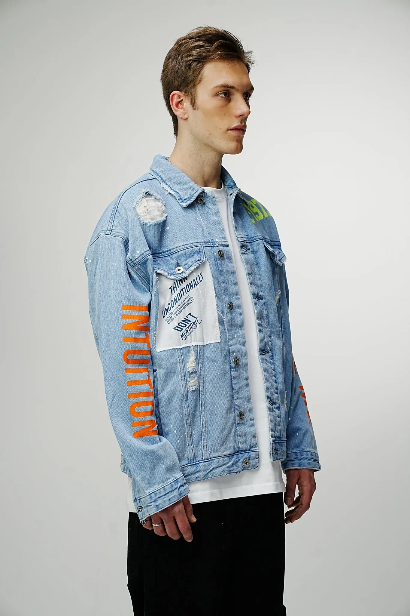 Patched Printed Premium Blue Denim Jacket - Blue