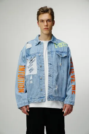 Patched Printed Premium Blue Denim Jacket - Blue