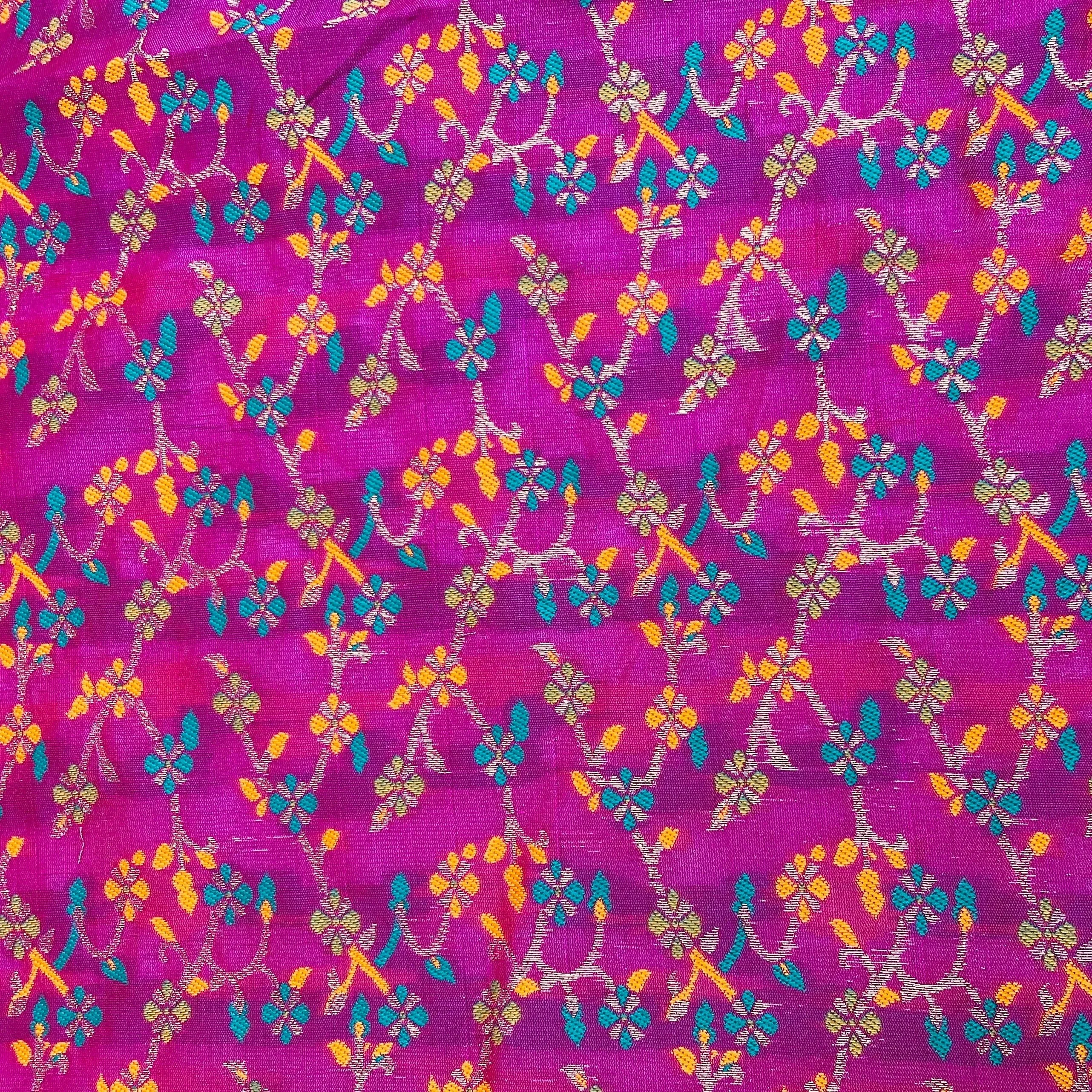 Pink & Multicolor Floral Foil Chanderi Jacquard Fabric