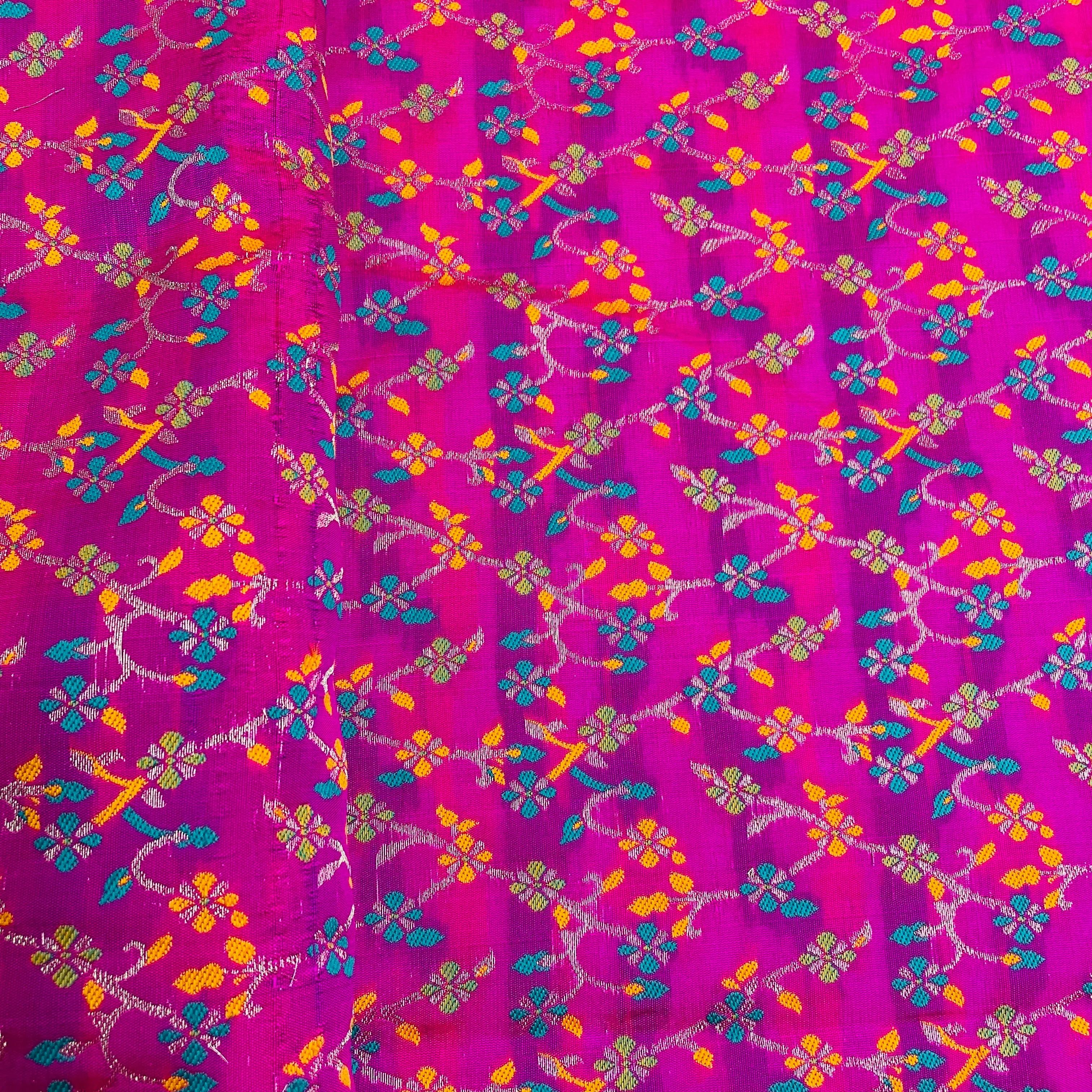 Pink & Multicolor Floral Foil Chanderi Jacquard Fabric