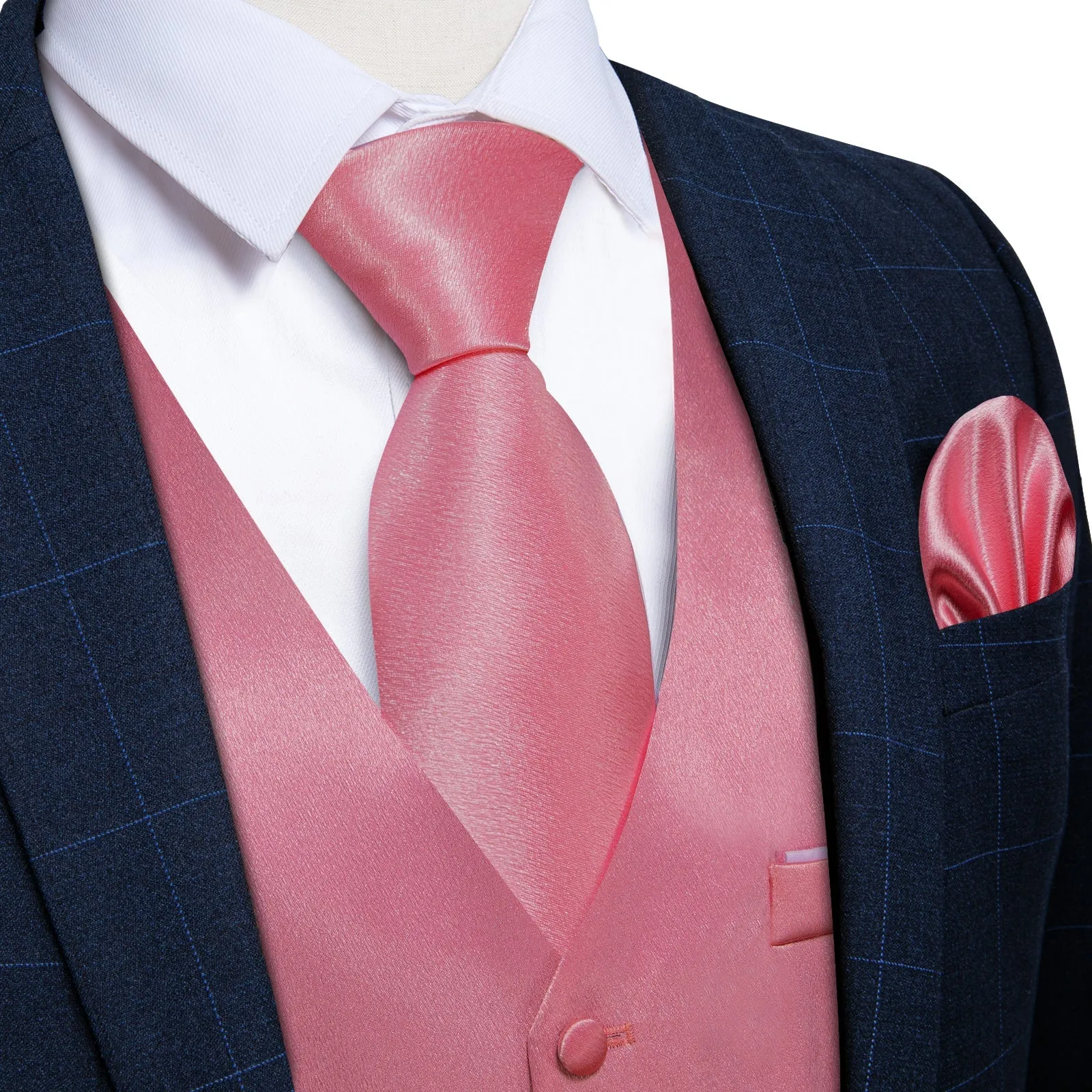 Pink Solid Shining Silk Men Vest Necktie Bow Tie Handkerchief Cufflinks Set