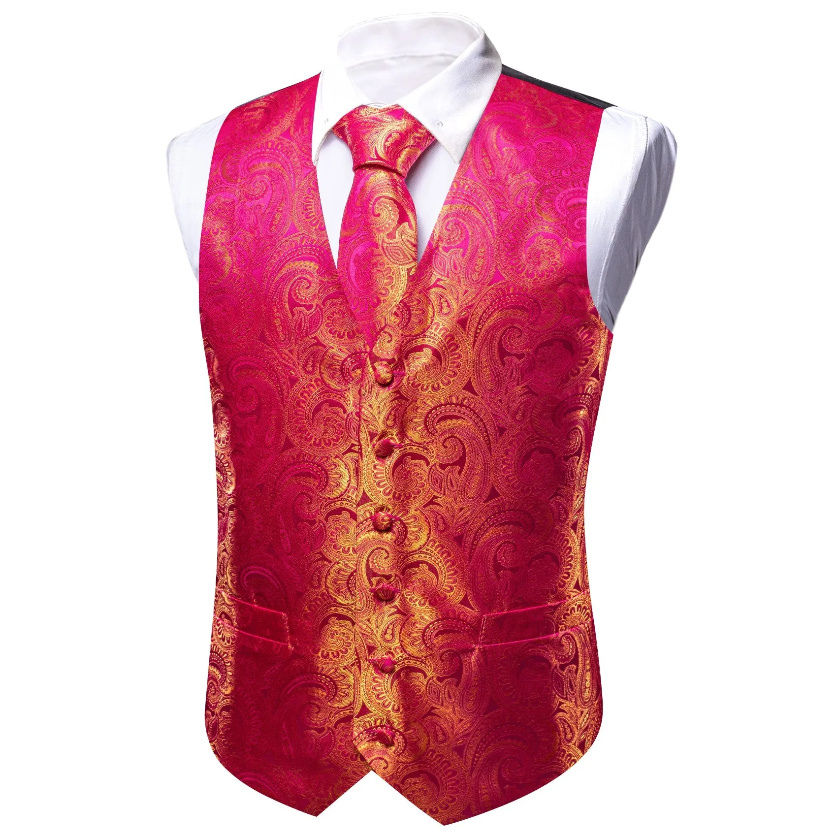 Pink Yellow Paisley Silk Men's Vest Hanky Cufflinks Bow Tie Set