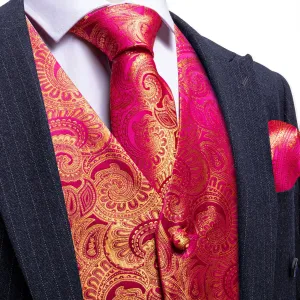 Pink Yellow Paisley Silk Men's Vest Hanky Cufflinks Bow Tie Set