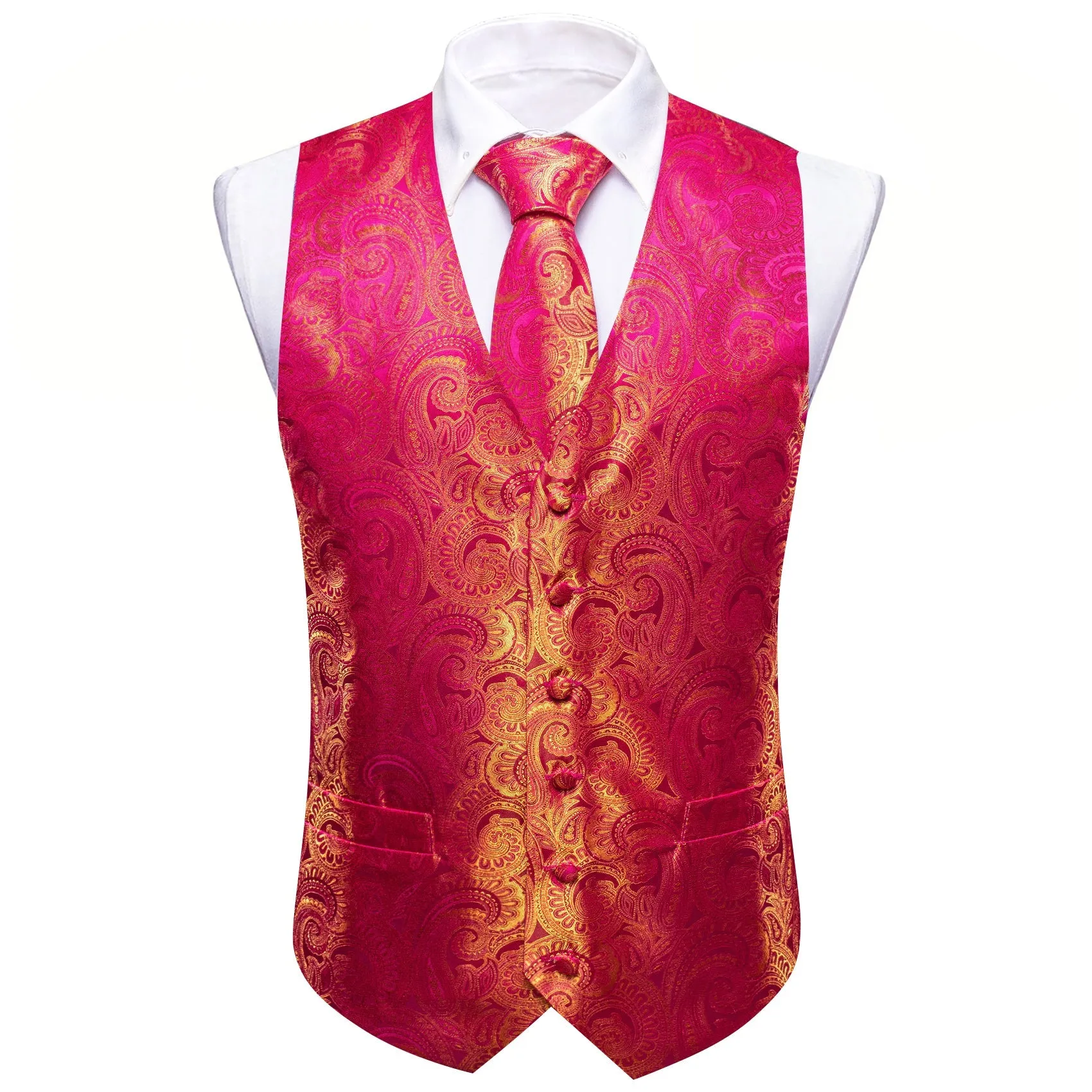 Pink Yellow Paisley Silk Men's Vest Hanky Cufflinks Bow Tie Set