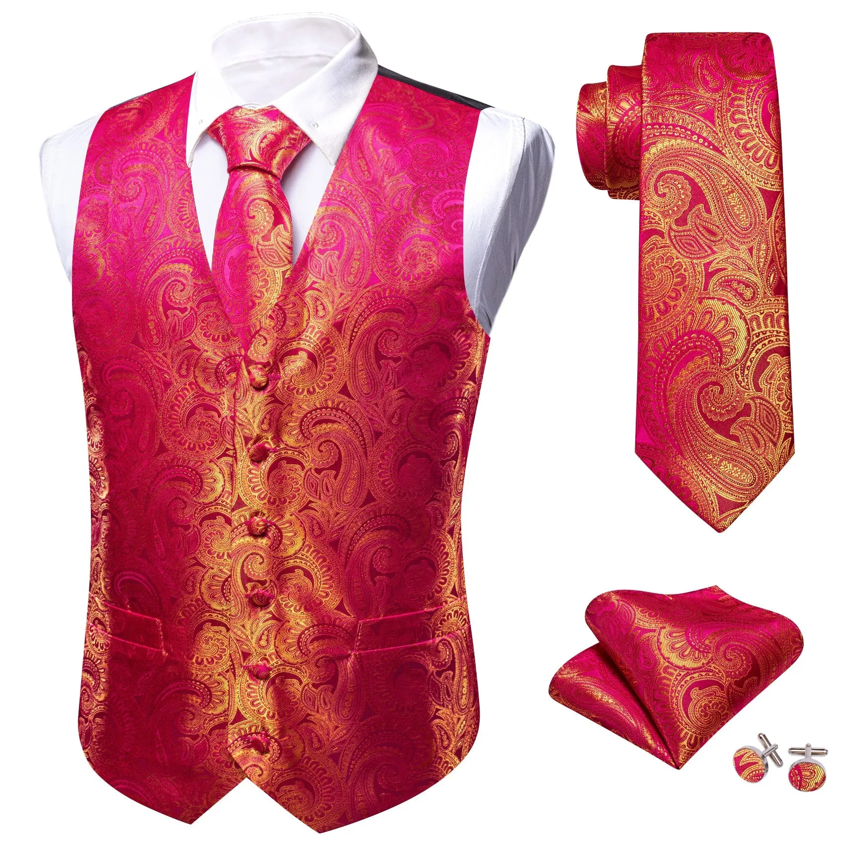 Pink Yellow Paisley Silk Men's Vest Hanky Cufflinks Bow Tie Set