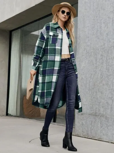 Plaid Pocketed Button Up Trench Coat