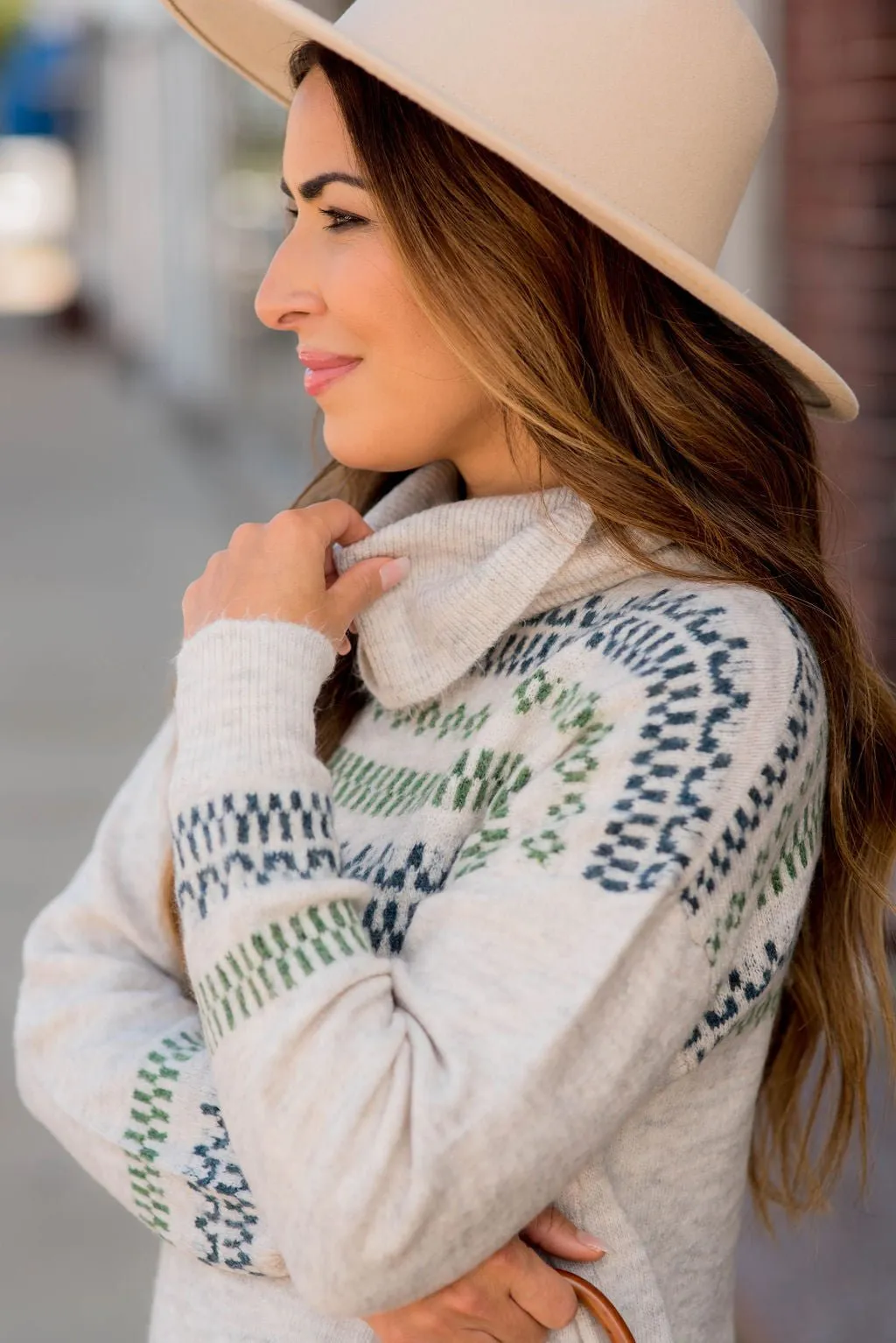 Printed Accents Cowl Neck Sweater