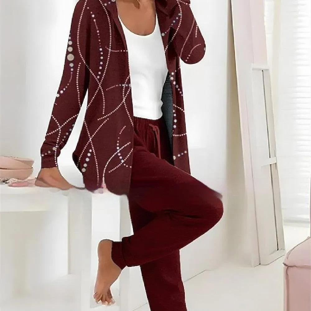 Printed Cardigan Coat Solid Color Two-piece Pants