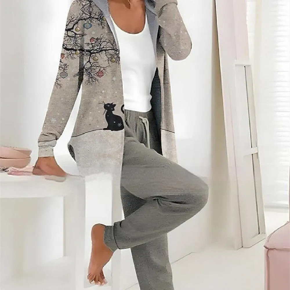 Printed Cardigan Coat Solid Color Two-piece Pants