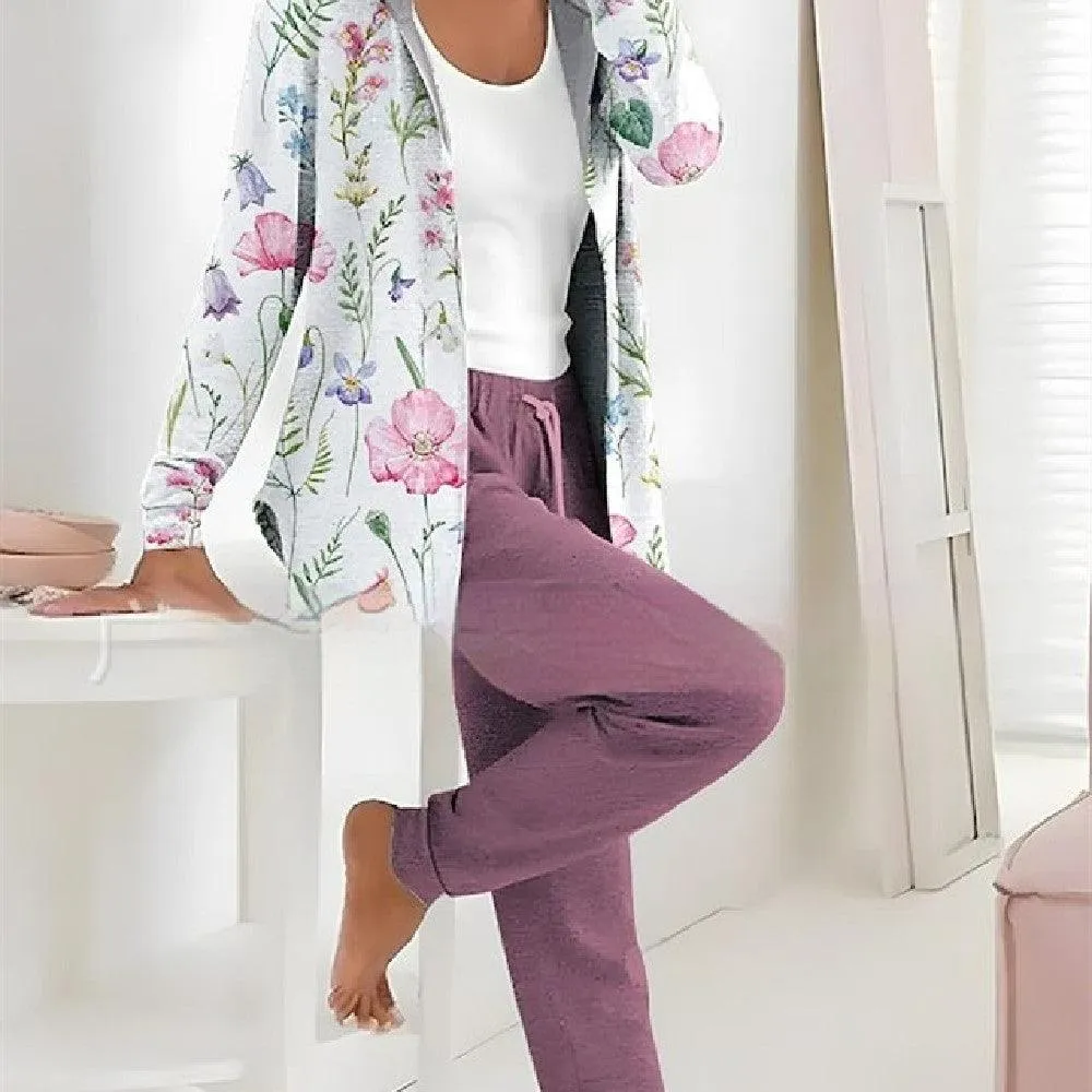 Printed Cardigan Coat Solid Color Two-piece Pants