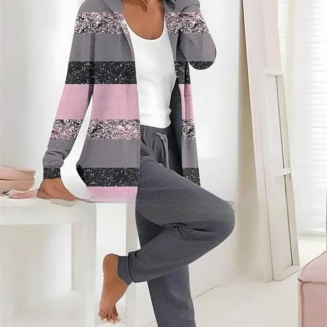 Printed Cardigan Coat Solid Color Two-piece Pants