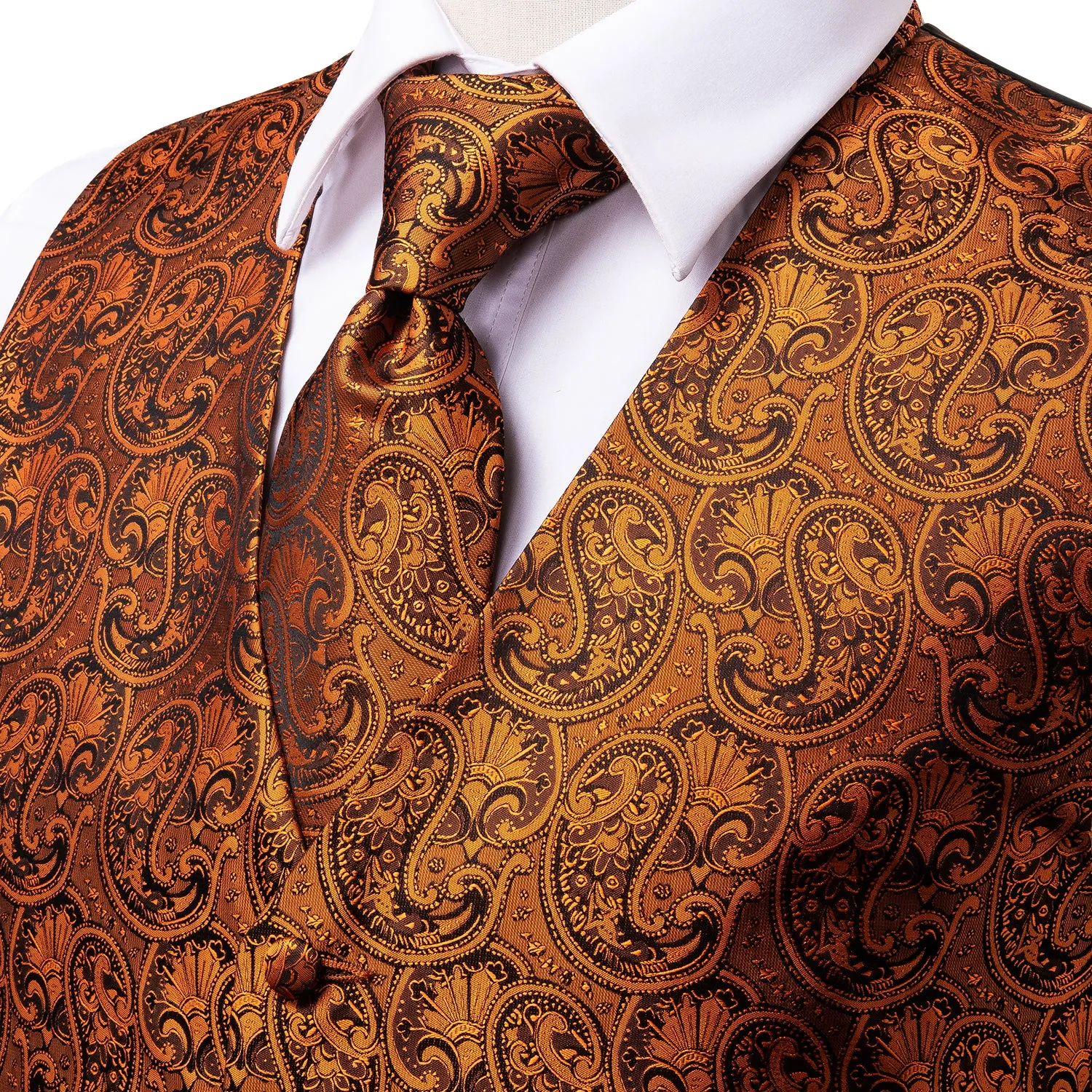 Pure Brown Paisley Men's Vest Tie Hanky Cufflinks Set Waistcoat Suit Set