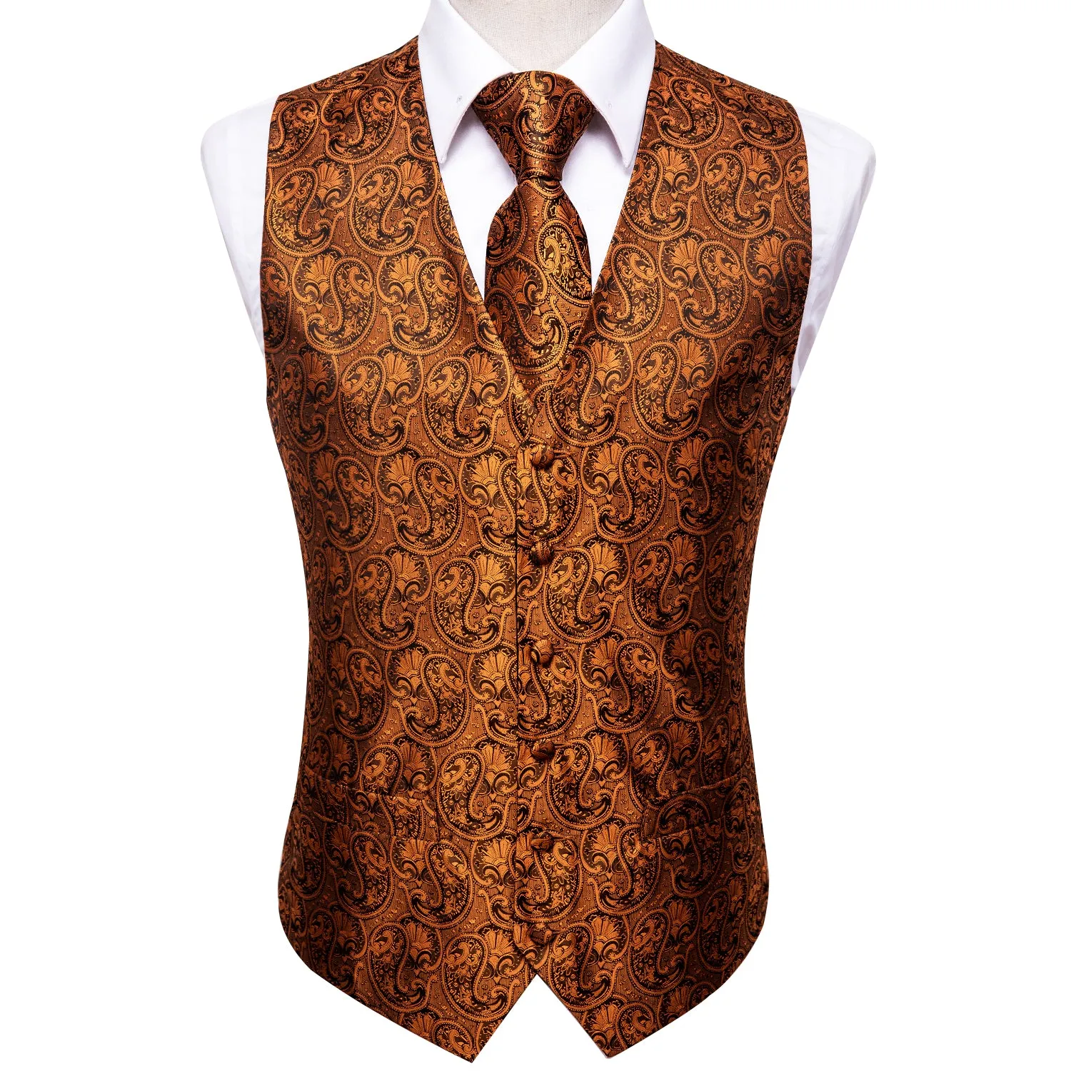 Pure Brown Paisley Men's Vest Tie Hanky Cufflinks Set Waistcoat Suit Set