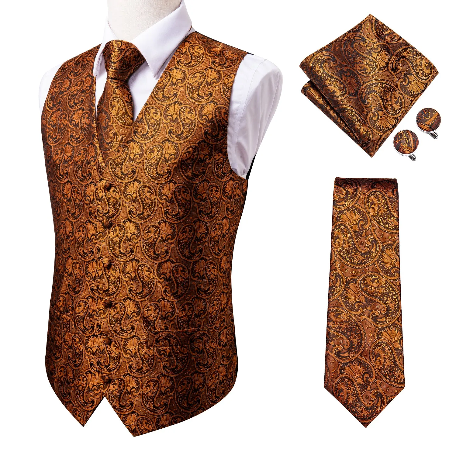 Pure Brown Paisley Men's Vest Tie Hanky Cufflinks Set Waistcoat Suit Set