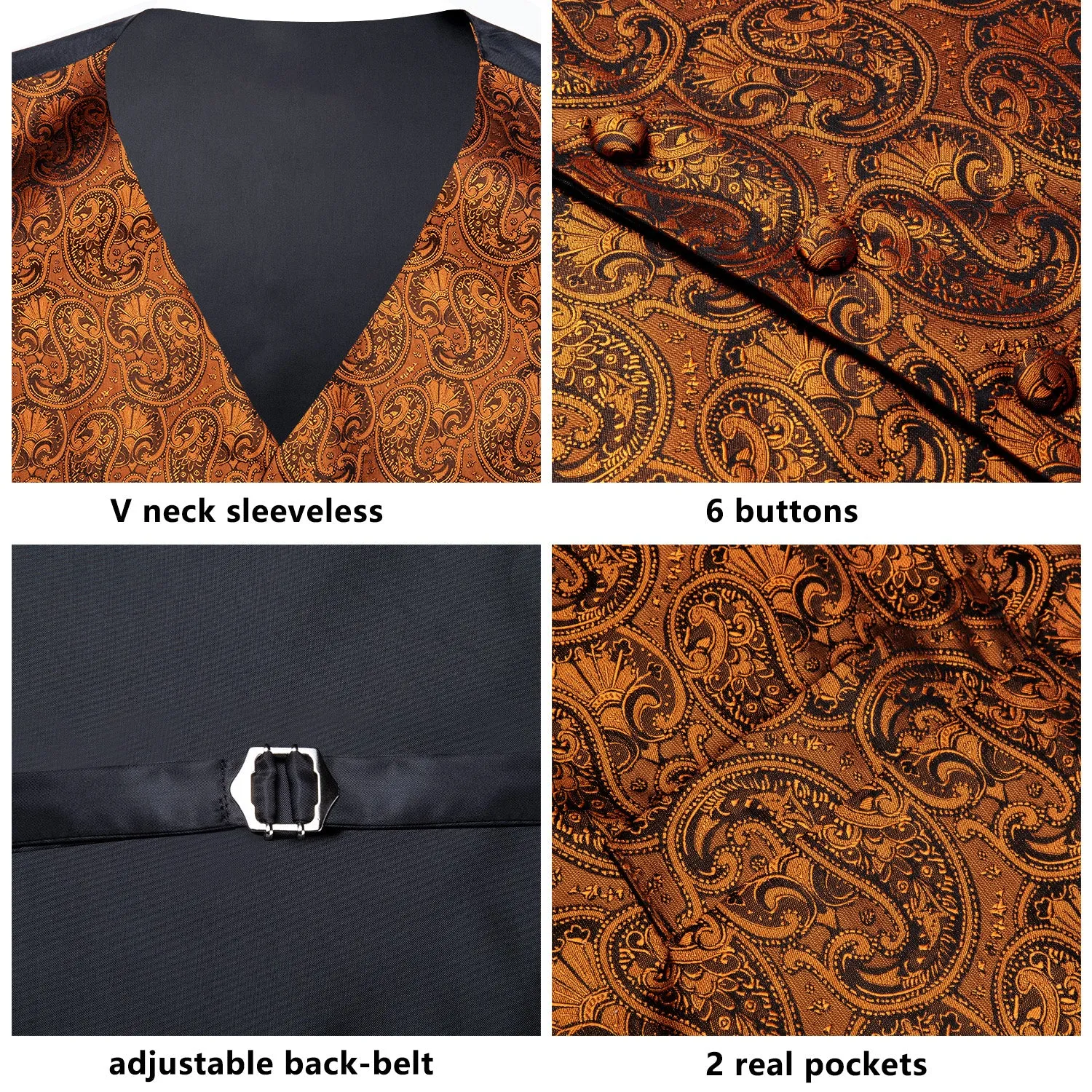 Pure Brown Paisley Men's Vest Tie Hanky Cufflinks Set Waistcoat Suit Set