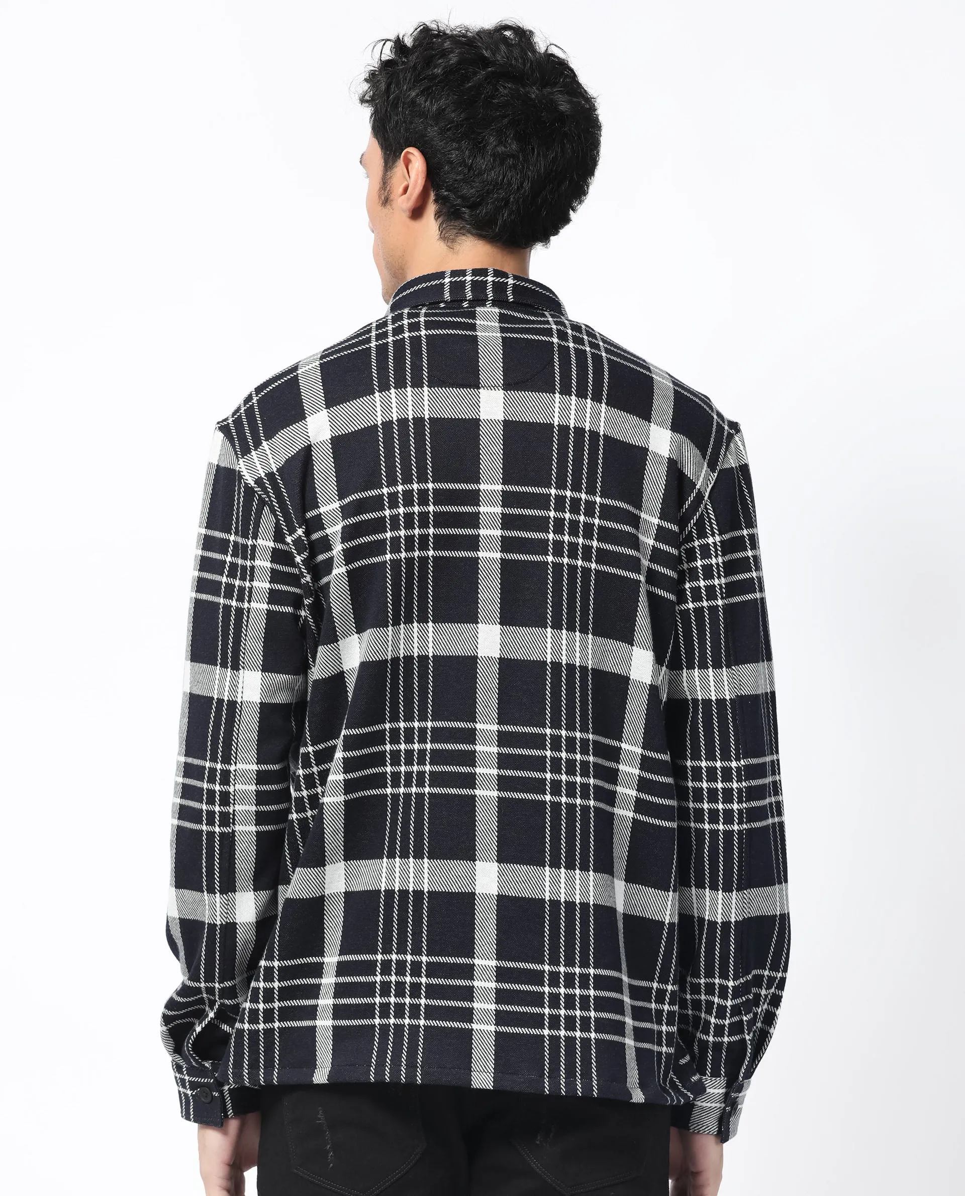 Rare Rabbit Men's Trillo Dark Navy Cotton Polyester Fabric Full Sleeve Button Closure Checks Shacket