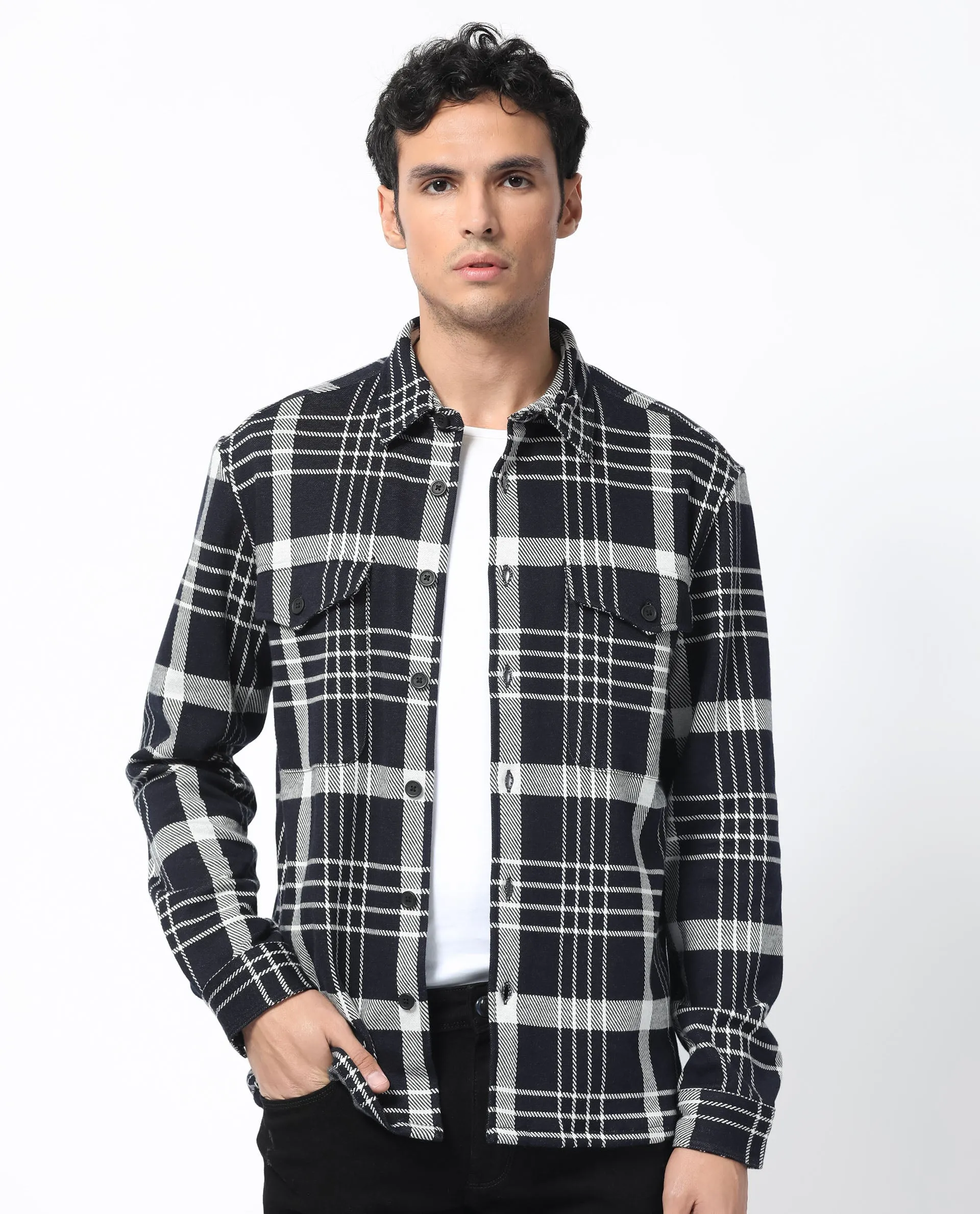 Rare Rabbit Men's Trillo Dark Navy Cotton Polyester Fabric Full Sleeve Button Closure Checks Shacket