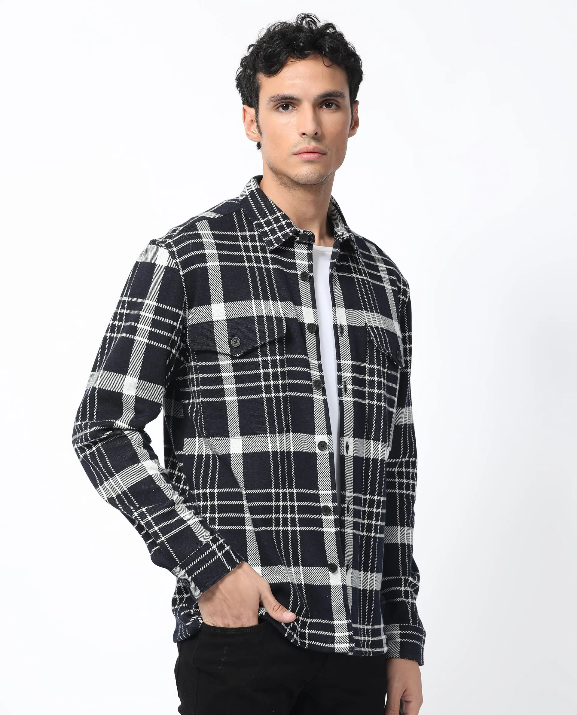 Rare Rabbit Men's Trillo Dark Navy Cotton Polyester Fabric Full Sleeve Button Closure Checks Shacket