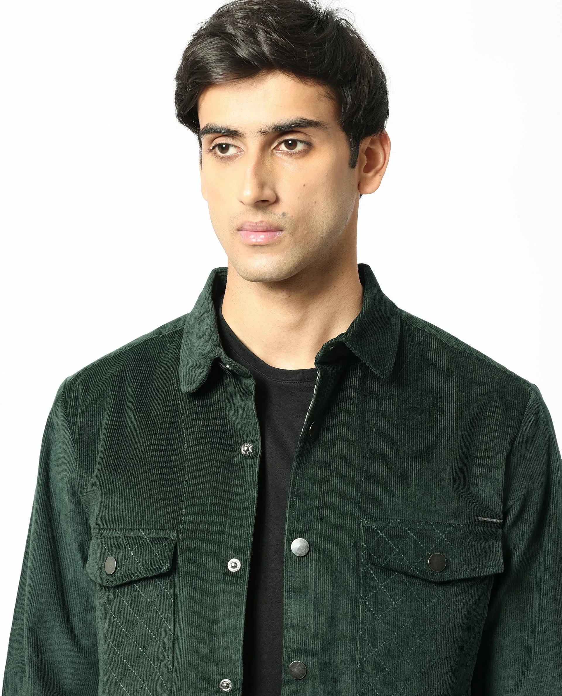 Rare Rabbit Men's Upto Dark Green Cotton Modal Fabric Full Sleeves Solid Corduroy Shacket