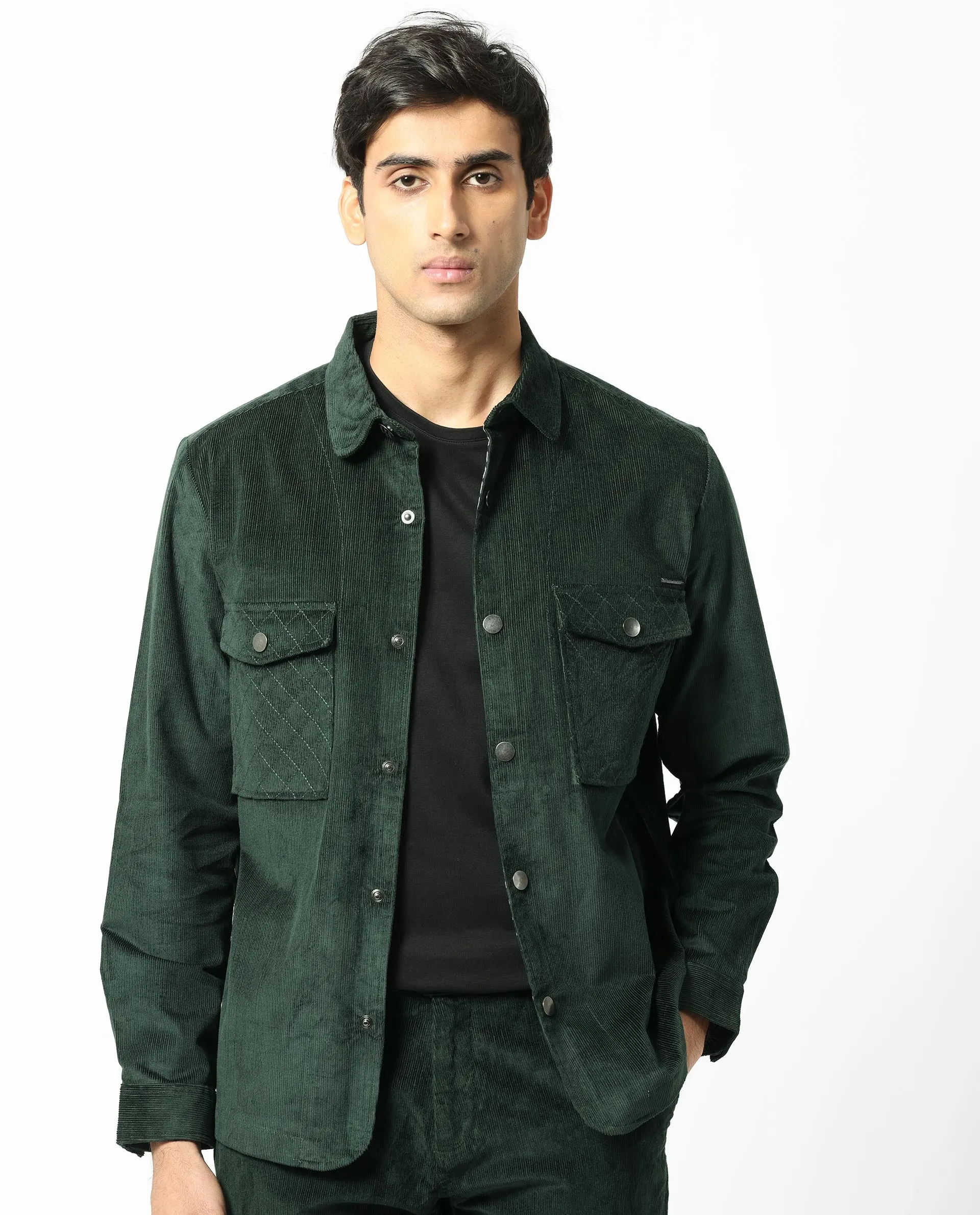 Rare Rabbit Men's Upto Dark Green Cotton Modal Fabric Full Sleeves Solid Corduroy Shacket