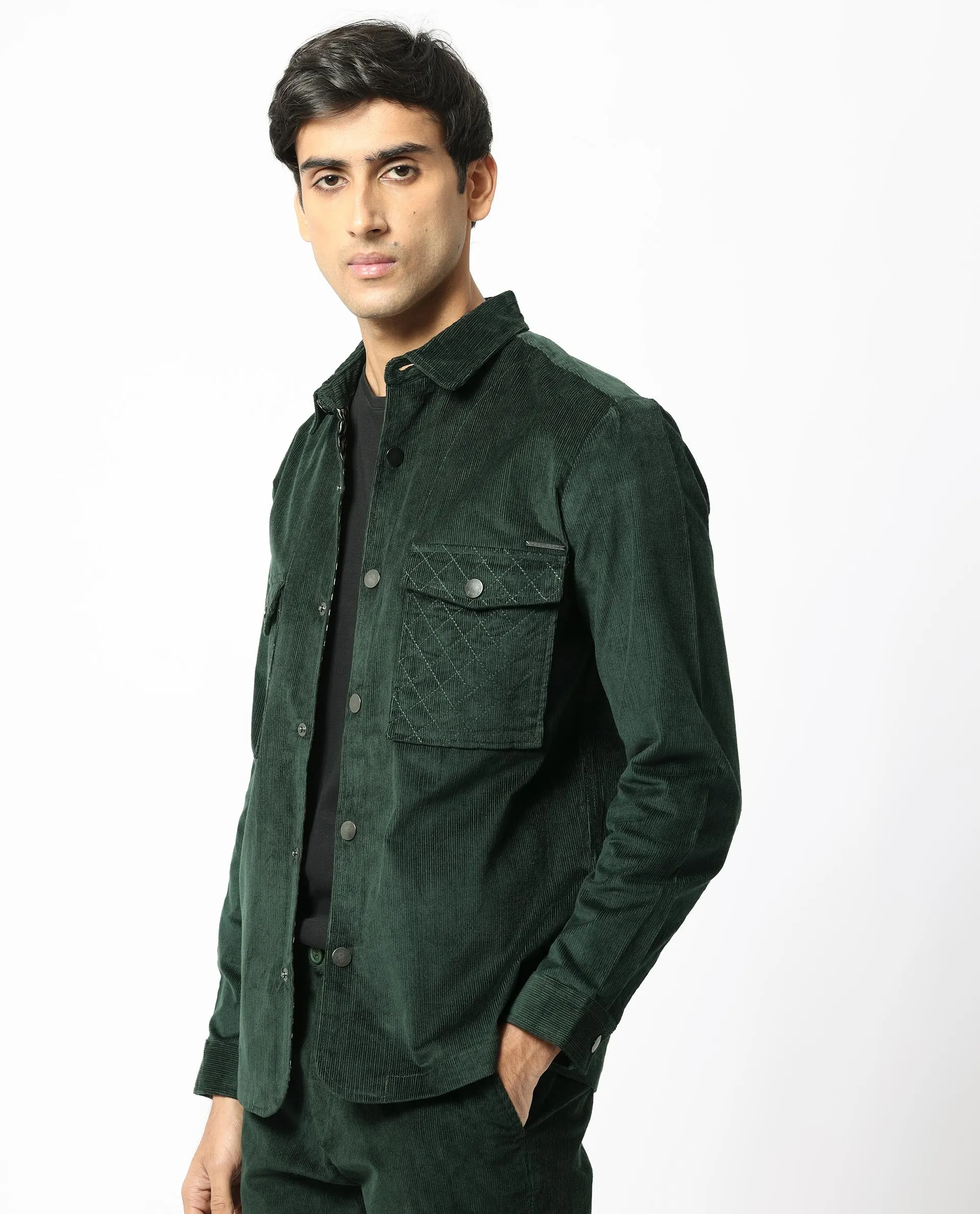 Rare Rabbit Men's Upto Dark Green Cotton Modal Fabric Full Sleeves Solid Corduroy Shacket