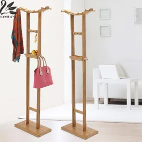 Real De Ropa Crescent Double Pole Bamboo Floor Standing Coat Rack