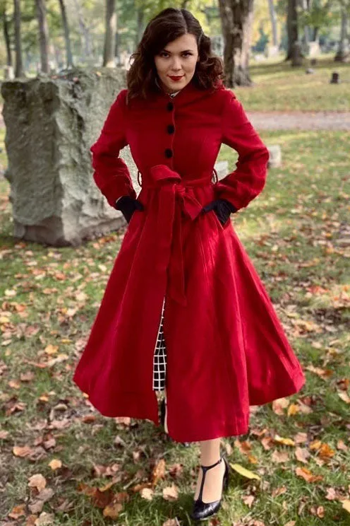 Red hooded maxi wool coat 3225