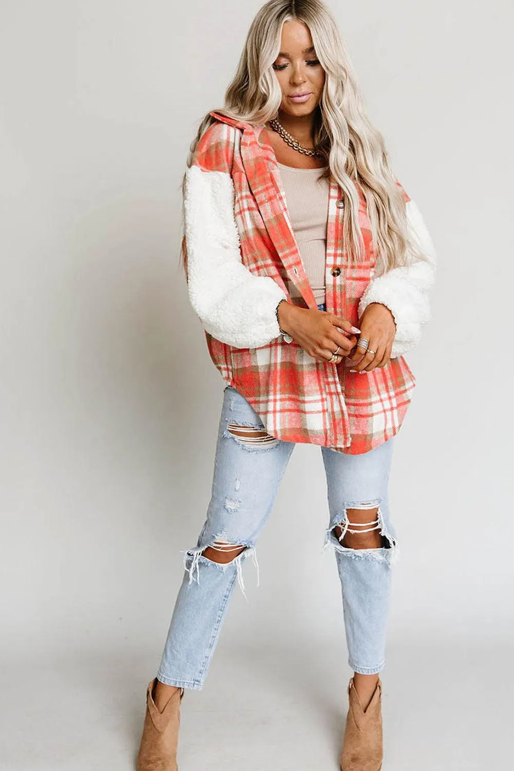 Red Sherpa Sleeve Plaid Print Shacket