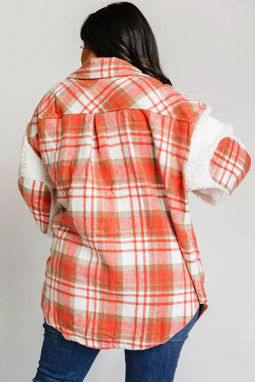 Red Sherpa Sleeve Plaid Print Shacket