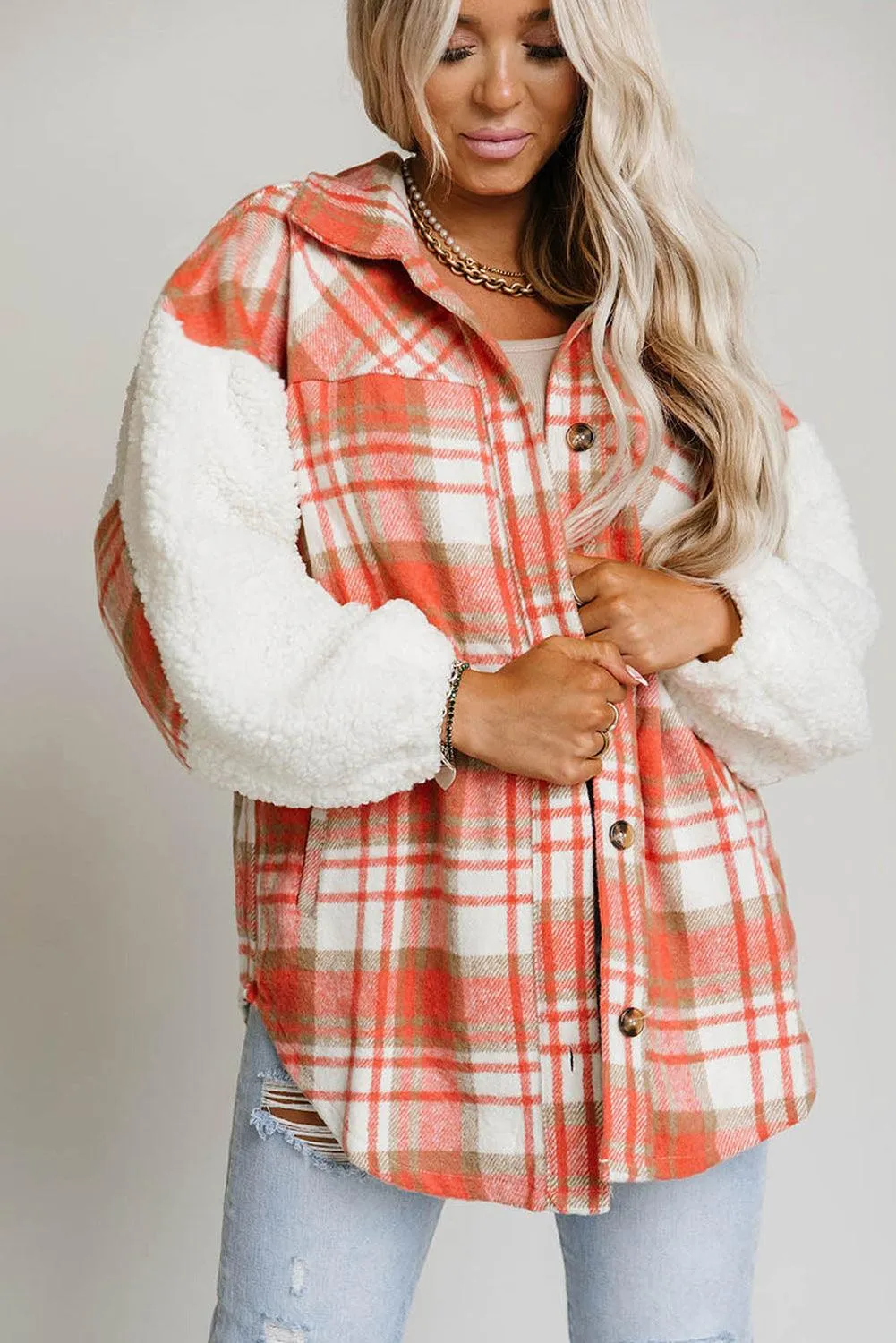 Red Sherpa Sleeve Plaid Print Shacket