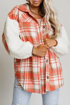 Red Sherpa Sleeve Plaid Print Shacket