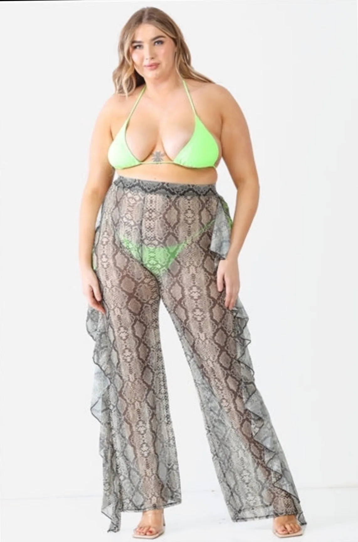 Reptile Snake Grey Sheer Mesh Sexy Ruffle High Waist Pants