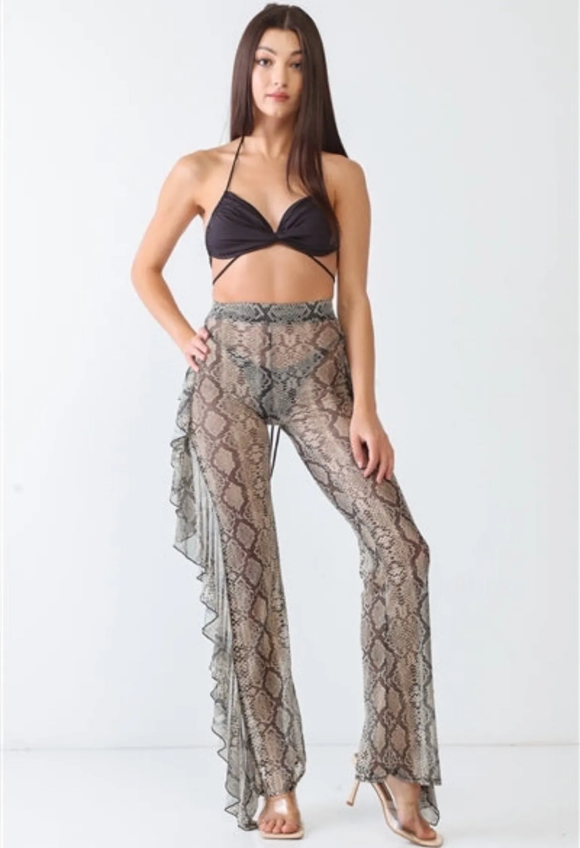 Reptile Snake Grey Sheer Mesh Sexy Ruffle High Waist Pants