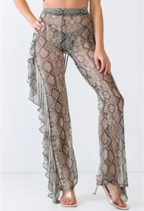 Reptile Snake Grey Sheer Mesh Sexy Ruffle High Waist Pants