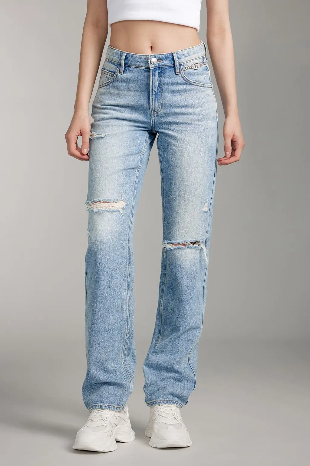 Ripped Straight Pants With Crystal Chain