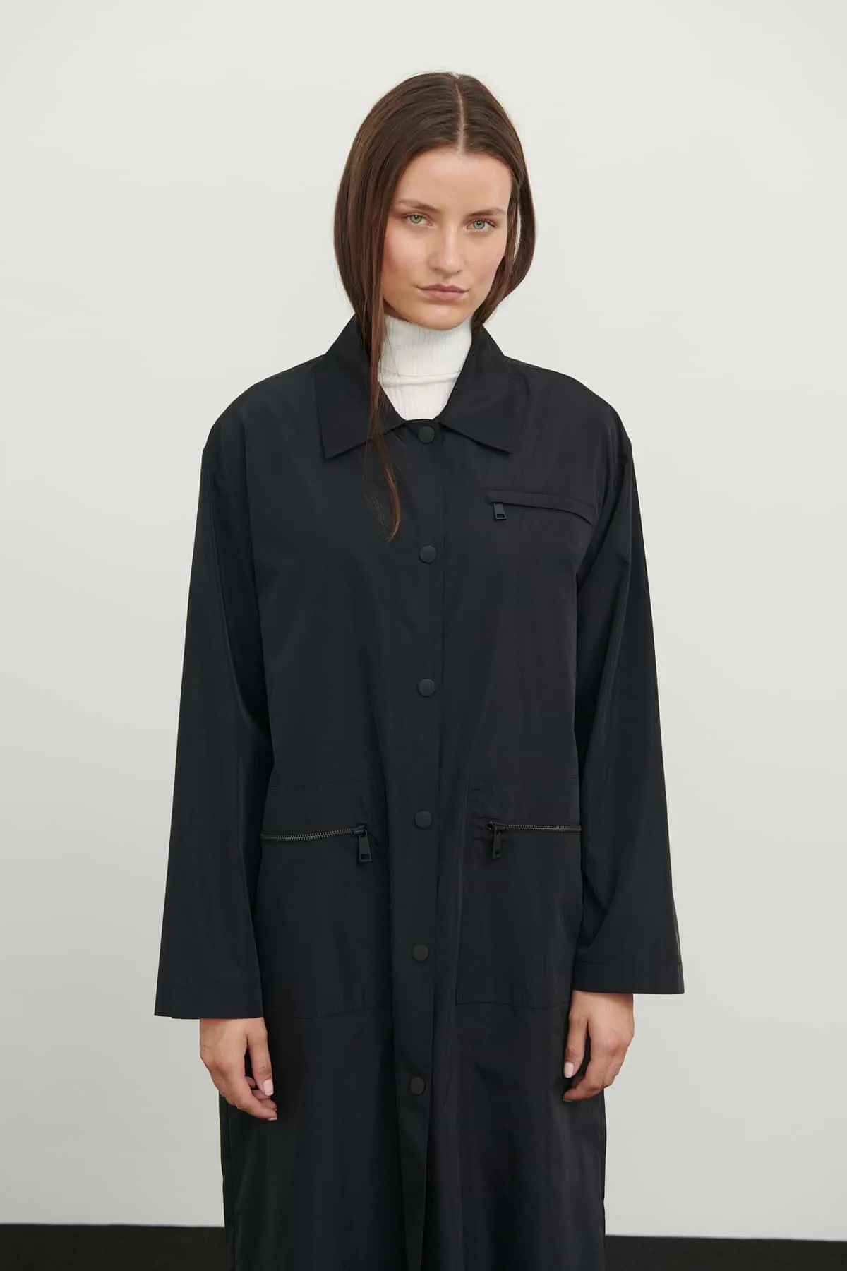 Roman Solid Midi Trench Coat Black