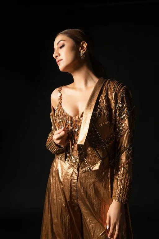 Rukmini Maitra in Nirmooha's Hand Embriodered Bronze Metallic Bralet, Bronze Metallic Short Jacket and Bronze Baggy Pants