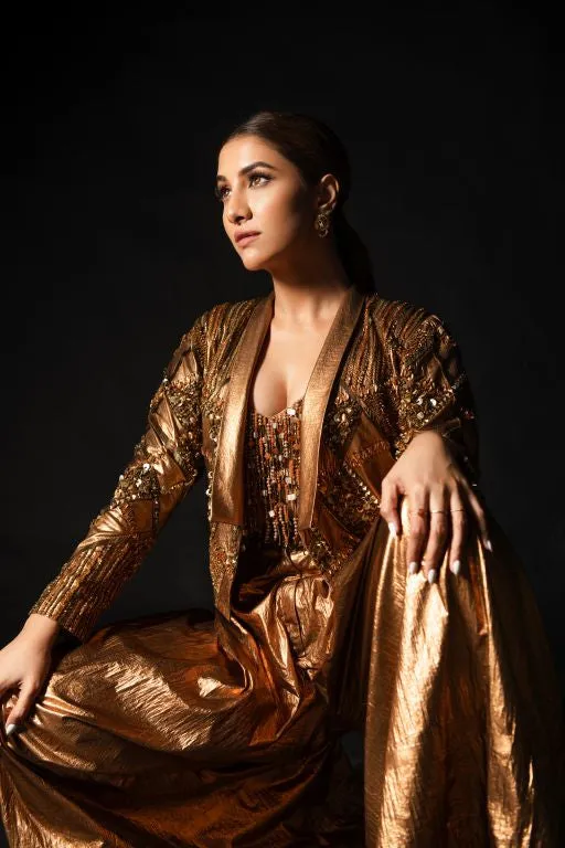 Rukmini Maitra in Nirmooha's Hand Embriodered Bronze Metallic Bralet, Bronze Metallic Short Jacket and Bronze Baggy Pants