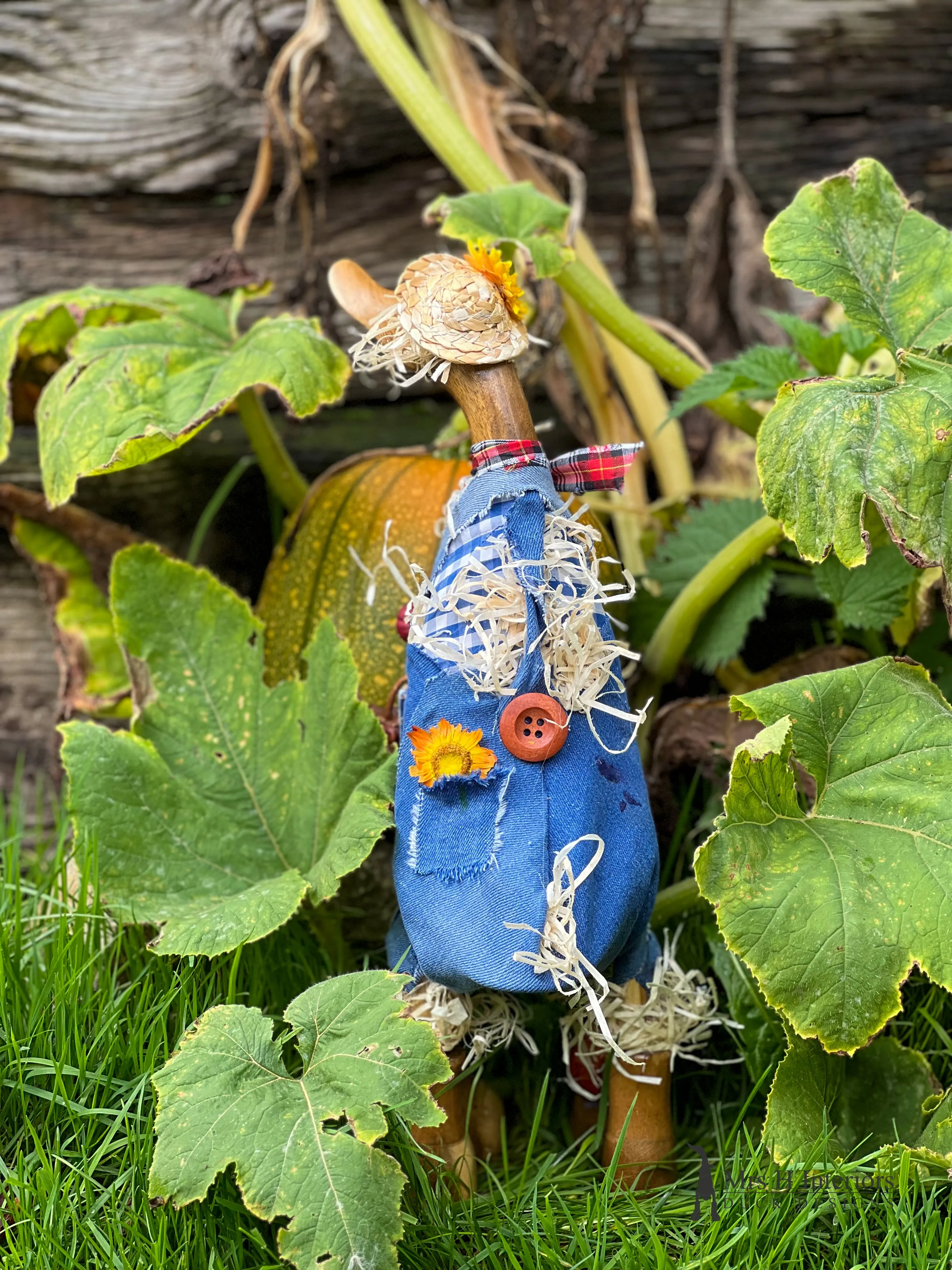 Sally scarecrow Decorated Wooden Duck in Boots by Mrs H the Duck Lady