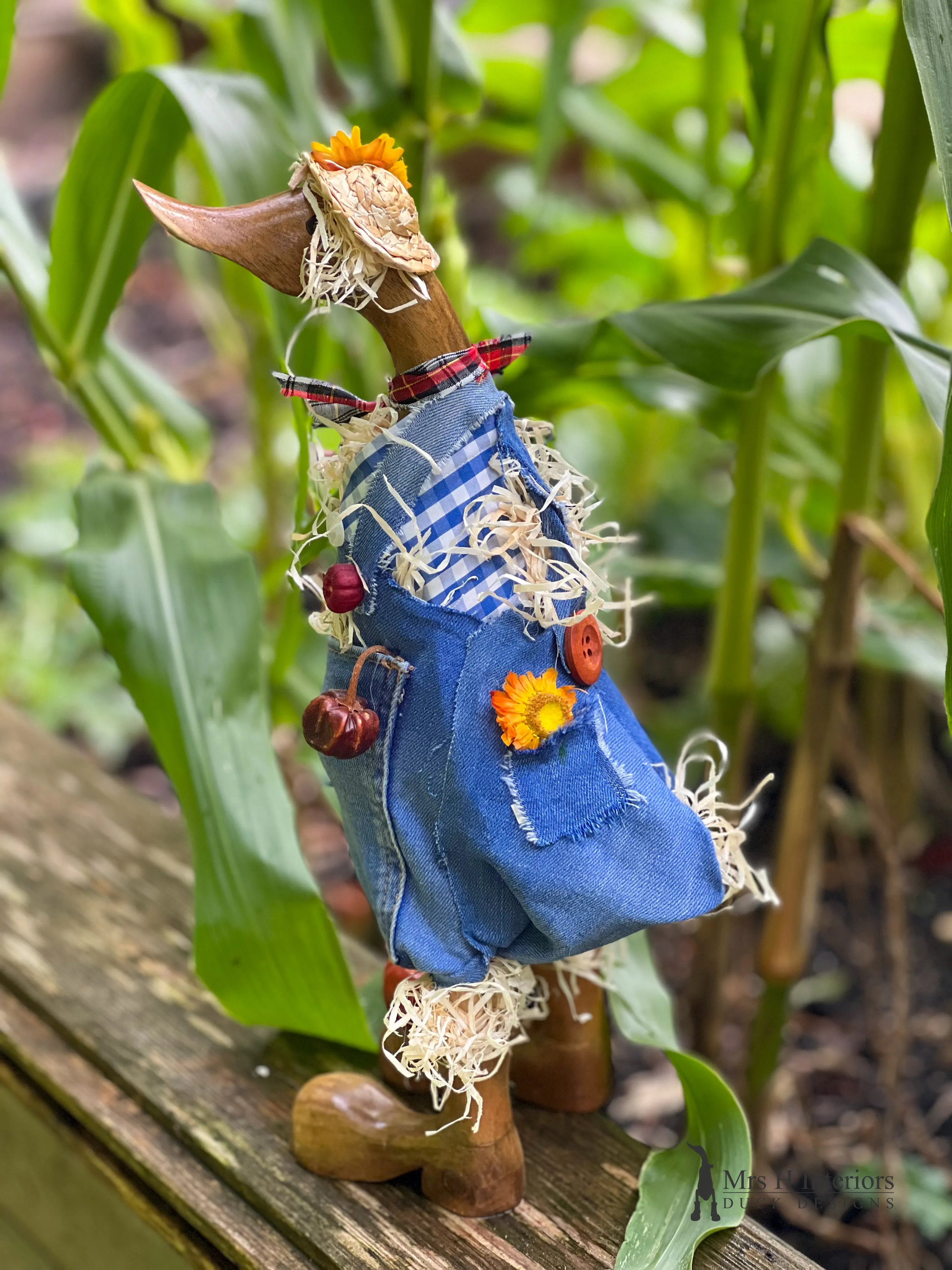 Sally scarecrow Decorated Wooden Duck in Boots by Mrs H the Duck Lady