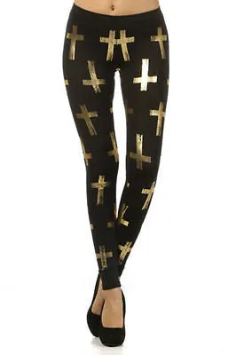 Sexy Club Gold Metallic Foil Crosses Fashion Long Full Length Stretch Leggings