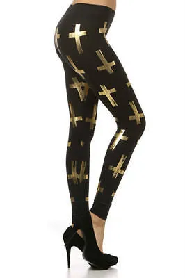 Sexy Club Gold Metallic Foil Crosses Fashion Long Full Length Stretch Leggings