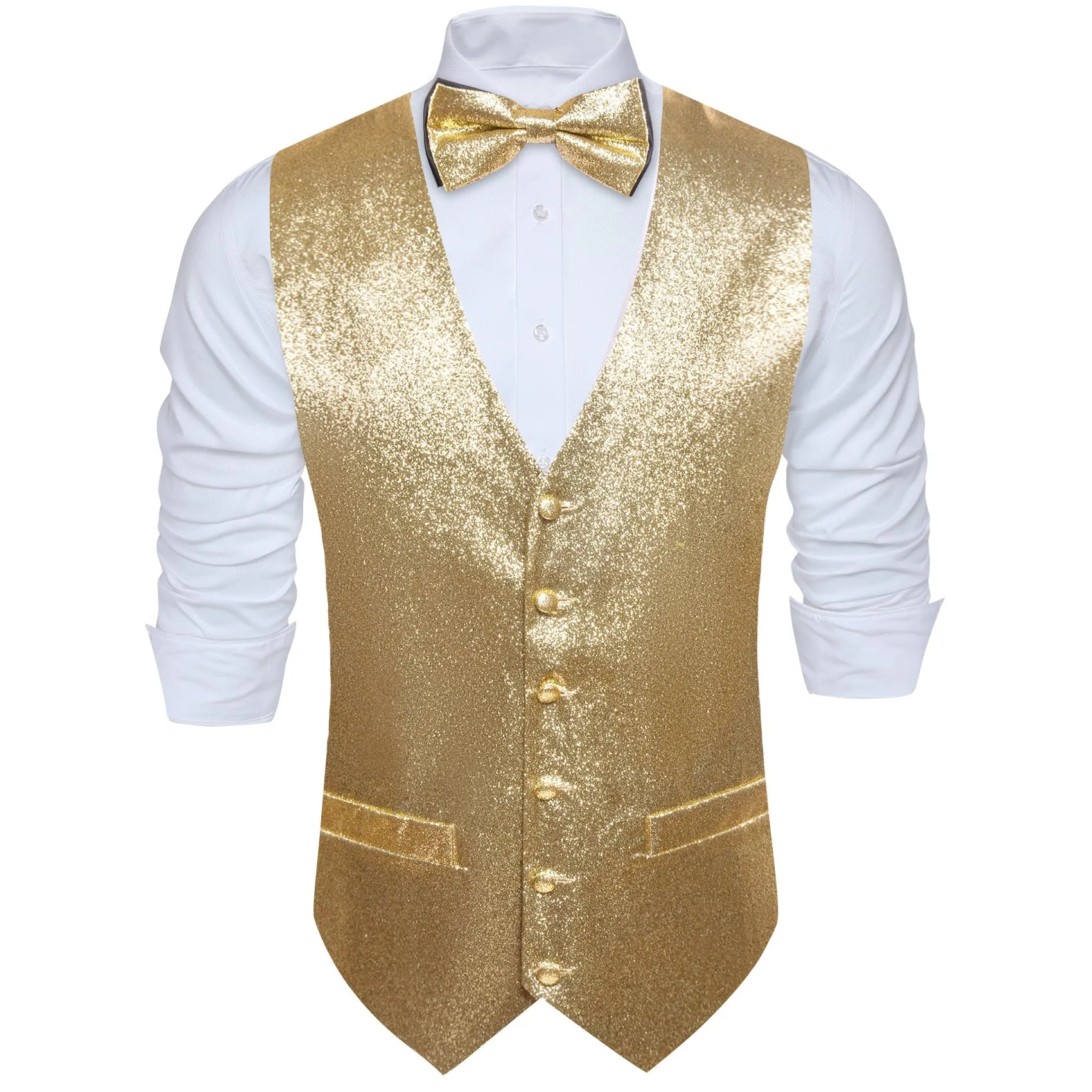 Shining Champagne Glitter Solid Jacquard Silk Men's Vest Bow Tie Set Waistcoat Suit Set