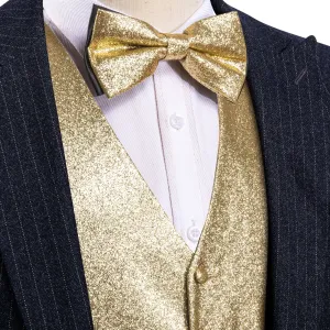 Shining Champagne Glitter Solid Jacquard Silk Men's Vest Bow Tie Set Waistcoat Suit Set