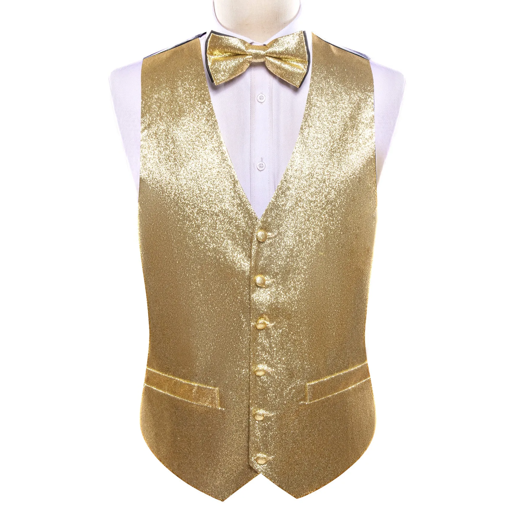 Shining Champagne Glitter Solid Jacquard Silk Men's Vest Bow Tie Set Waistcoat Suit Set