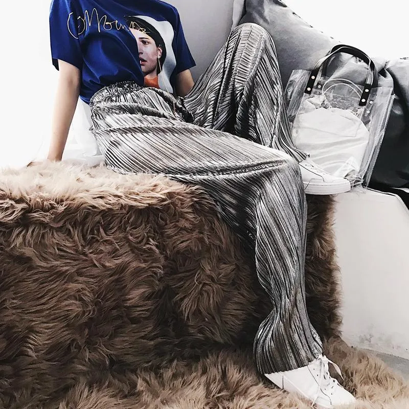 Silver Metallic Shiny Long Oversized Elastic Elegant Pants