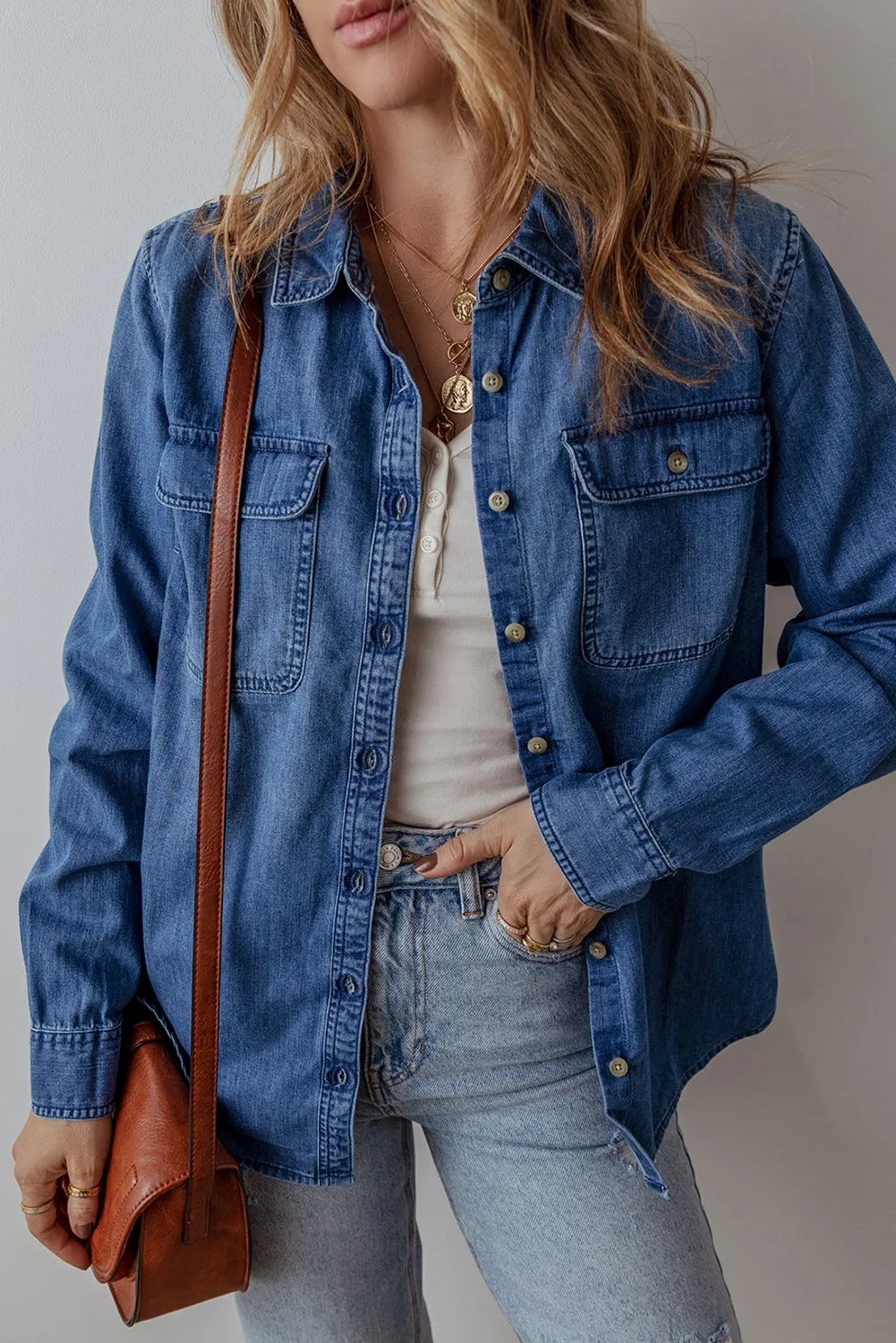 Sky Blue Flap Pocket Button Up Shirt Collar Denim Jacket